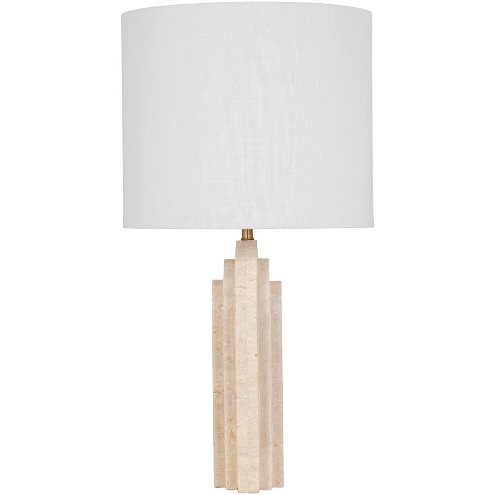 Caldera Beige Travertine, Linen Textured Fabric And Brass Table Lamp