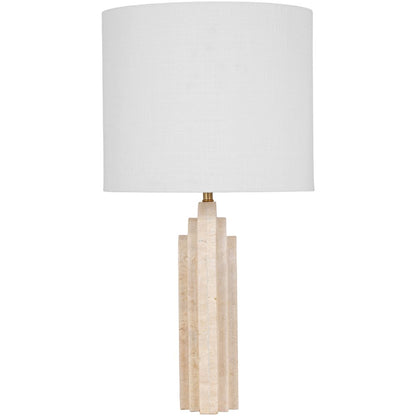 Caldera Beige Travertine, Linen Textured Fabric And Brass Table Lamp