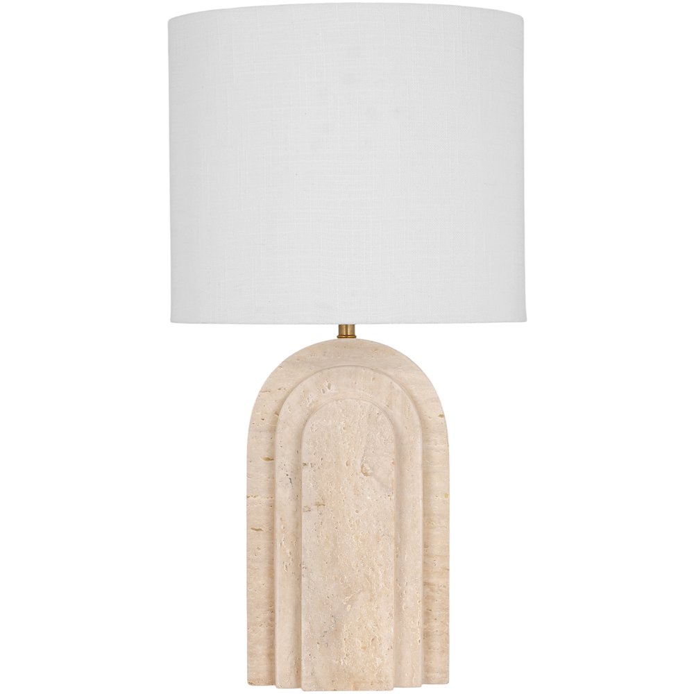 Caldera Beige Travertine, Linen Textured Fabric And Brass Table Lamp