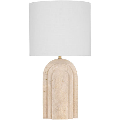 Caldera Beige Travertine, Linen Textured Fabric And Brass Table Lamp