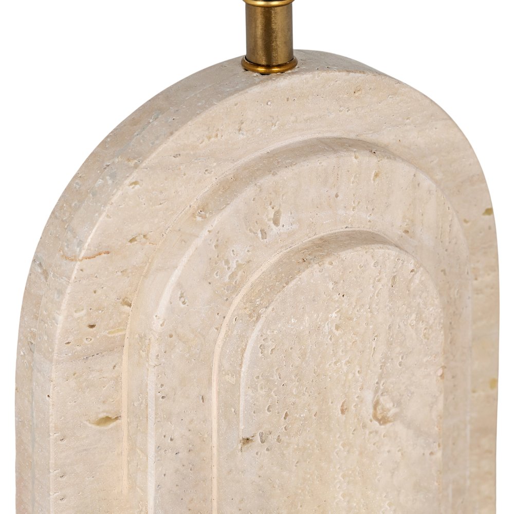 Caldera Beige Travertine, Linen Textured Fabric And Brass Table Lamp