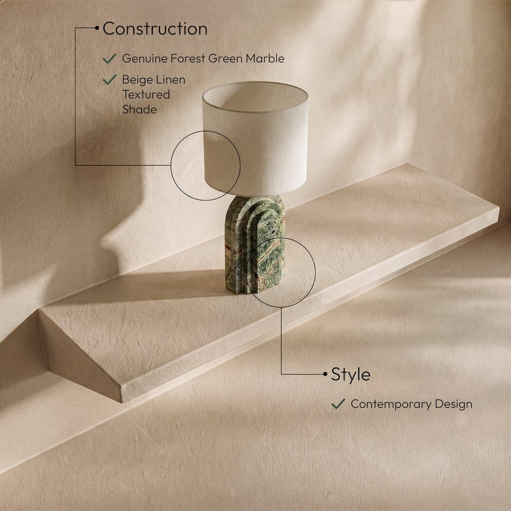Caldera Forest Green / Beige Marble And Linen Textured Fabric Table Lamp