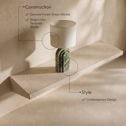 Caldera Forest Green / Beige Marble And Linen Textured Fabric Table Lamp