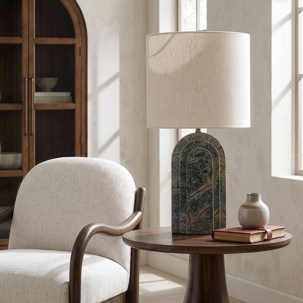 Caldera Forest Green / Beige Marble And Linen Textured Fabric Table Lamp
