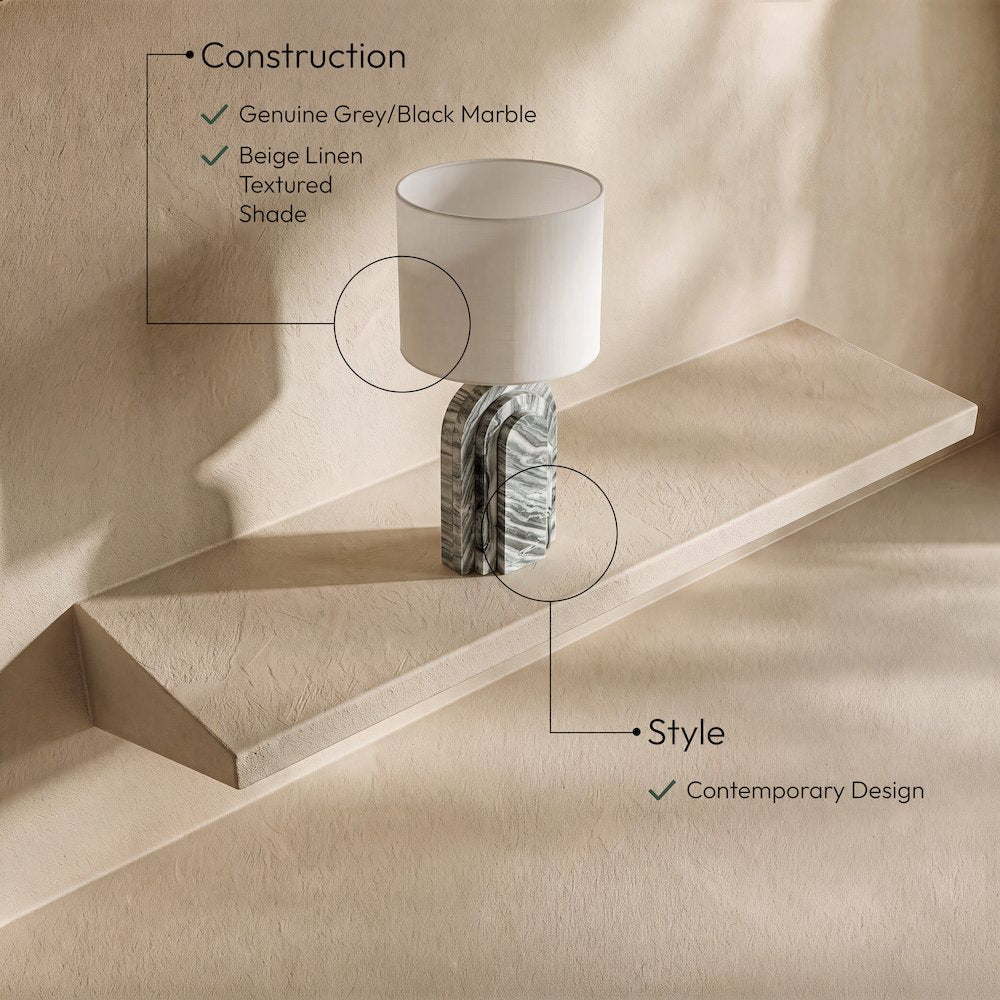 Caldera Grey / Black / Beige Marble And Linen Textured Fabric Table Lamp