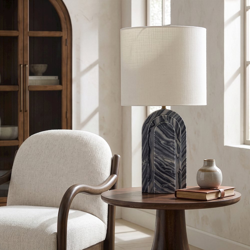 Caldera Grey / Black / Beige Marble And Linen Textured Fabric Table Lamp
