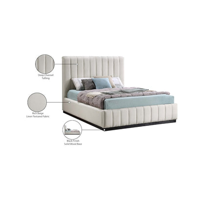 Lucia Beige Linen Textured Fabric Queen Bed