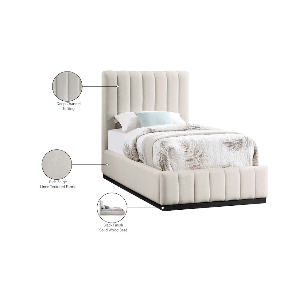 Lucia Beige Linen Textured Fabric Twin Bed