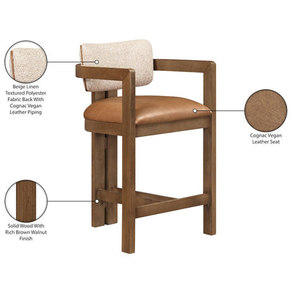 Ravina Cognac Vegan Leather and Linen Textured Fabric Upholstered Counter Stool