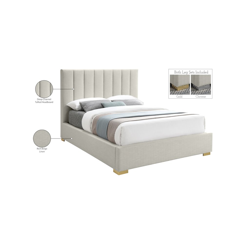 Pierce Beige Linen Textured Fabric Queen Bed