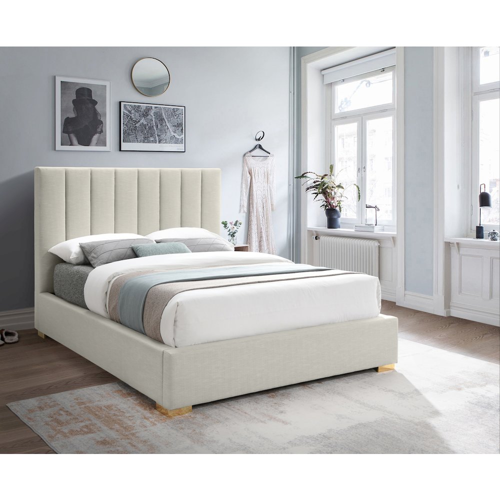 Pierce Beige Linen Textured Fabric Queen Bed