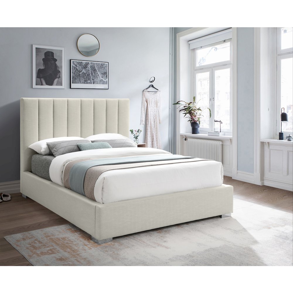 Pierce Beige Linen Textured Fabric Queen Bed