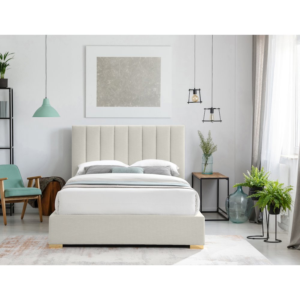 Pierce Beige Linen Textured Fabric Queen Bed