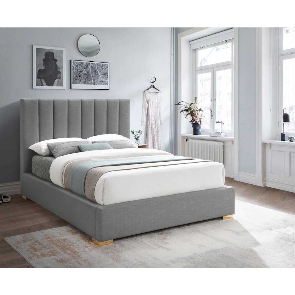 Pierce Grey Linen Textured Fabric Queen Bed