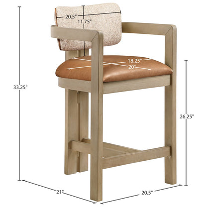 Ravina Cognac Vegan Leather and Linen Fabric Upholstered Counter Stool