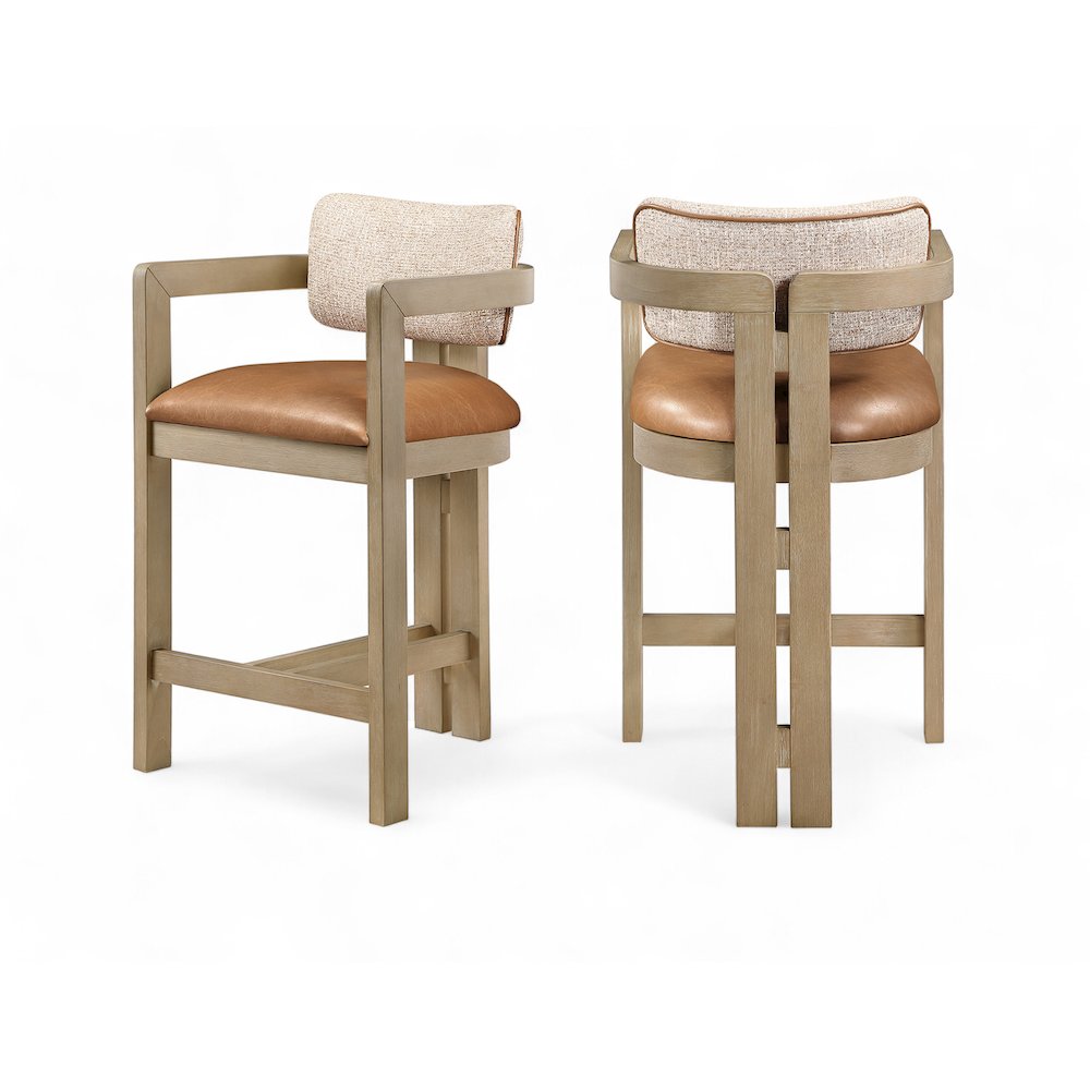Ravina Cognac Vegan Leather and Linen Fabric Upholstered Counter Stool