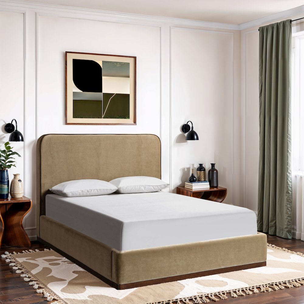Rava Beige / Brown Velvet Upholstered Queen Bed
