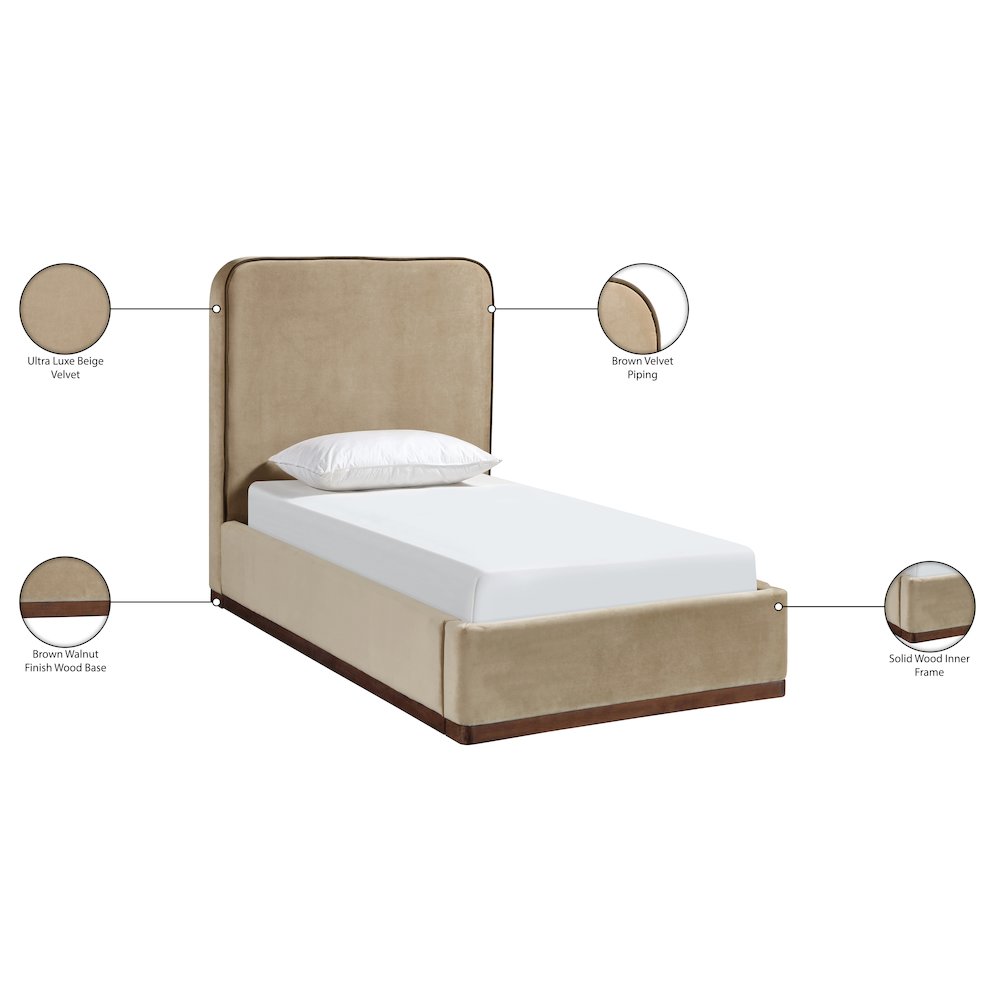 Rava Beige / Brown Velvet Upholstered Twin Bed