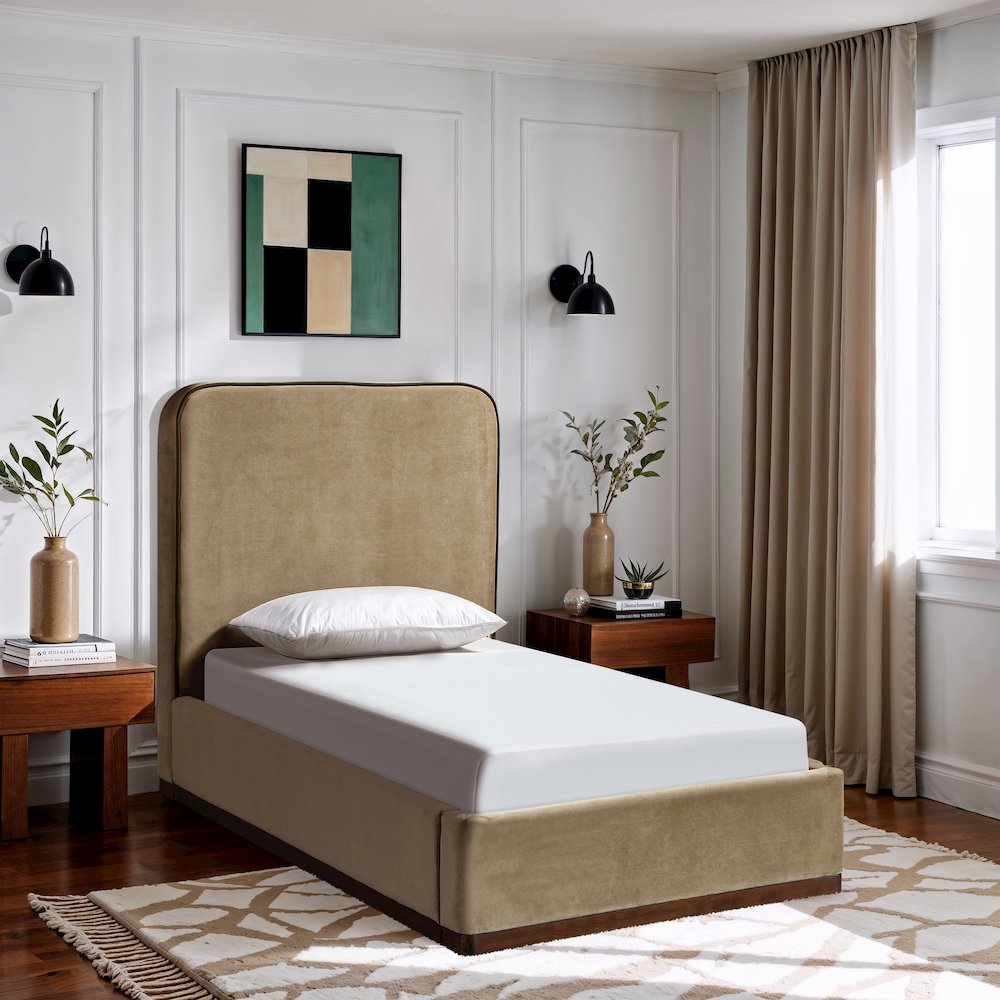 Rava Beige / Brown Velvet Upholstered Twin Bed