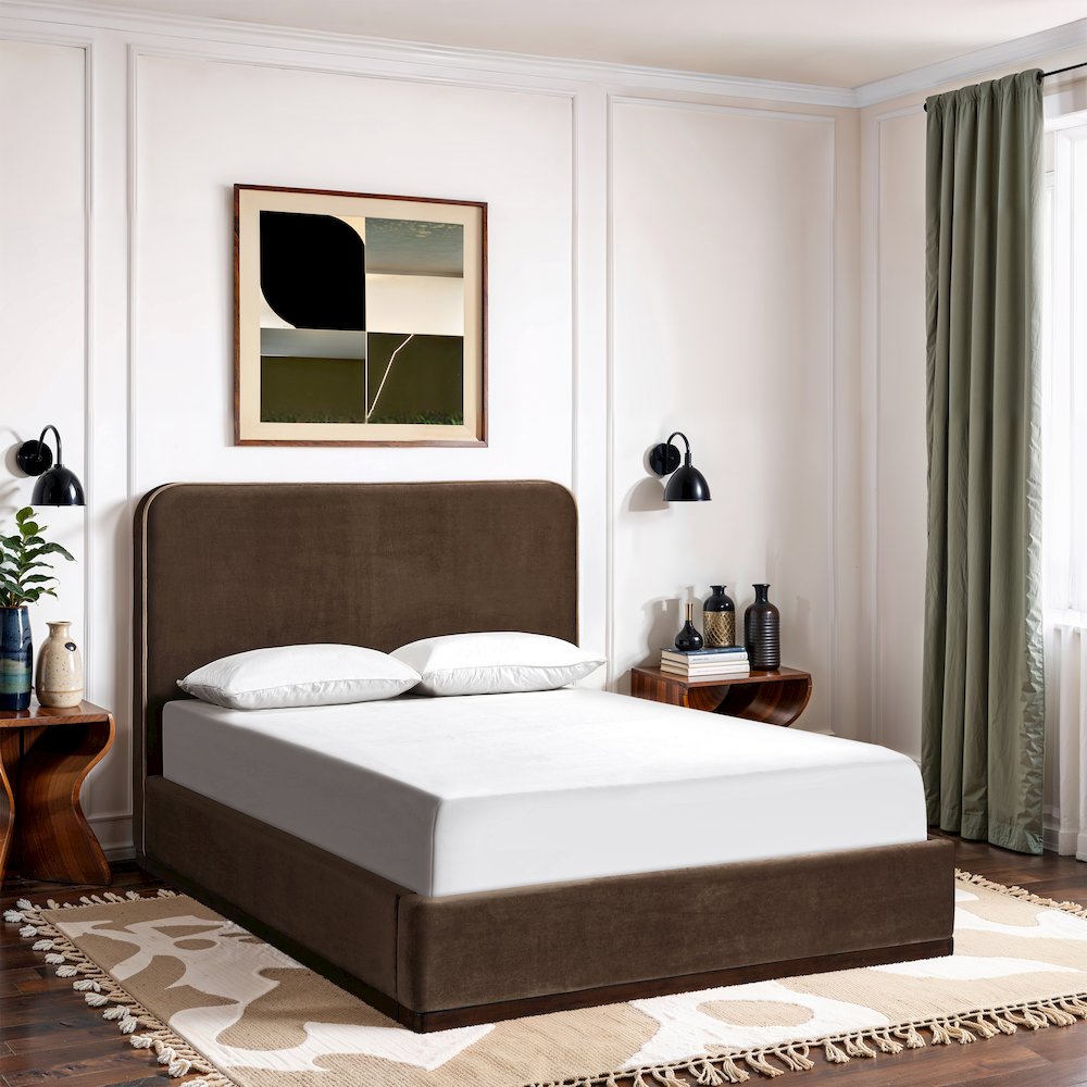 Rava Brown / Beige Velvet Upholstered Queen Bed