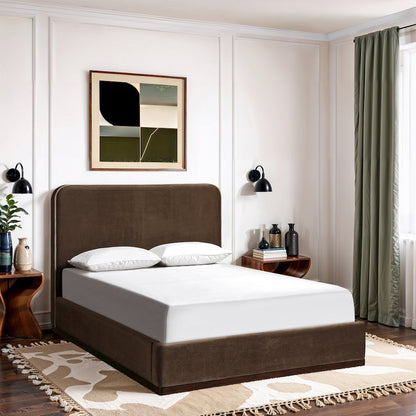 Rava Brown / Beige Velvet Upholstered Queen Bed