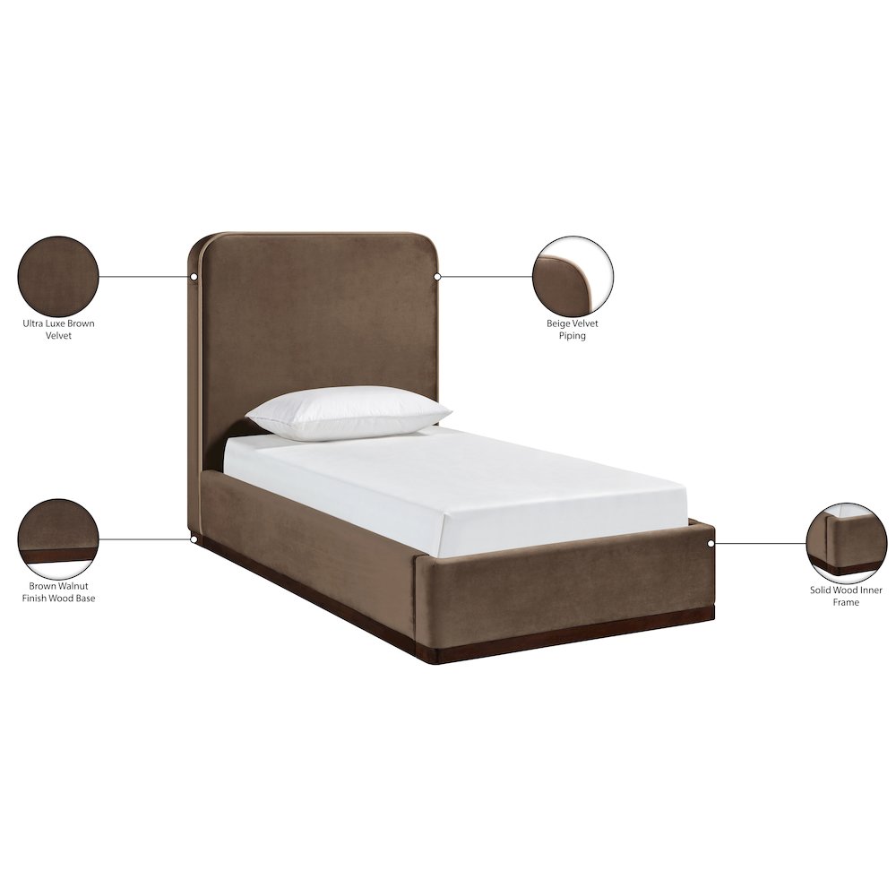 Rava Brown / Beige Velvet Upholstered Twin Bed