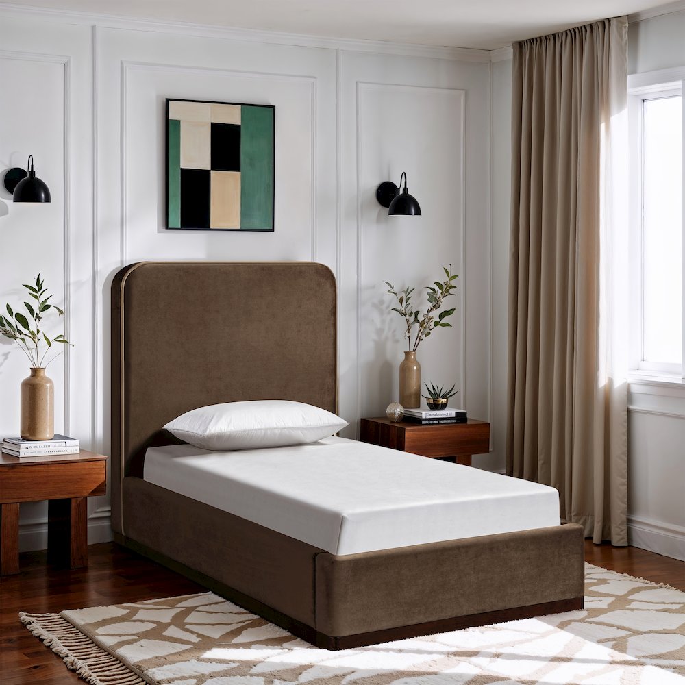Rava Brown / Beige Velvet Upholstered Twin Bed