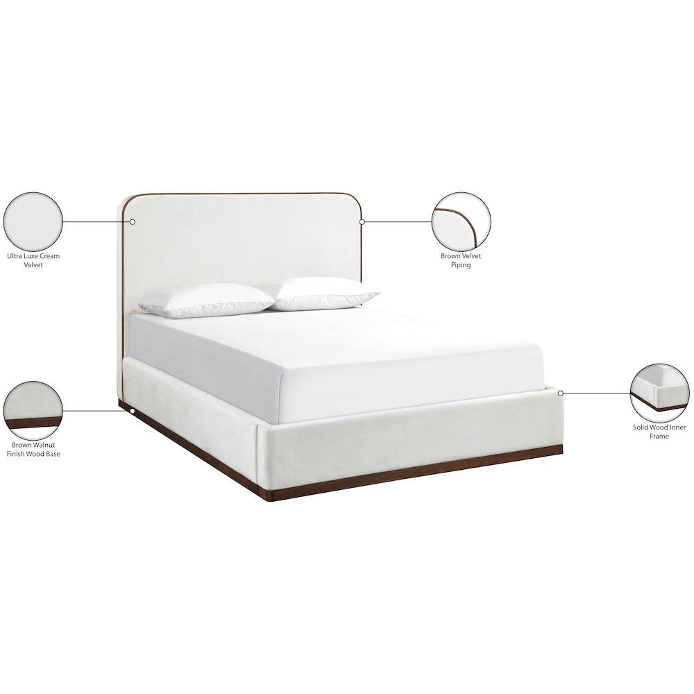 Rava Cream / Beige Velvet Upholstered Queen Bed