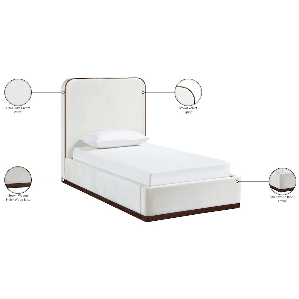 Rava Cream / Beige Velvet Upholstered Twin Bed