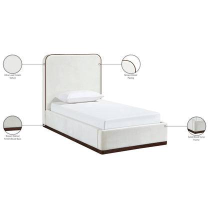Rava Cream / Beige Velvet Upholstered Twin Bed