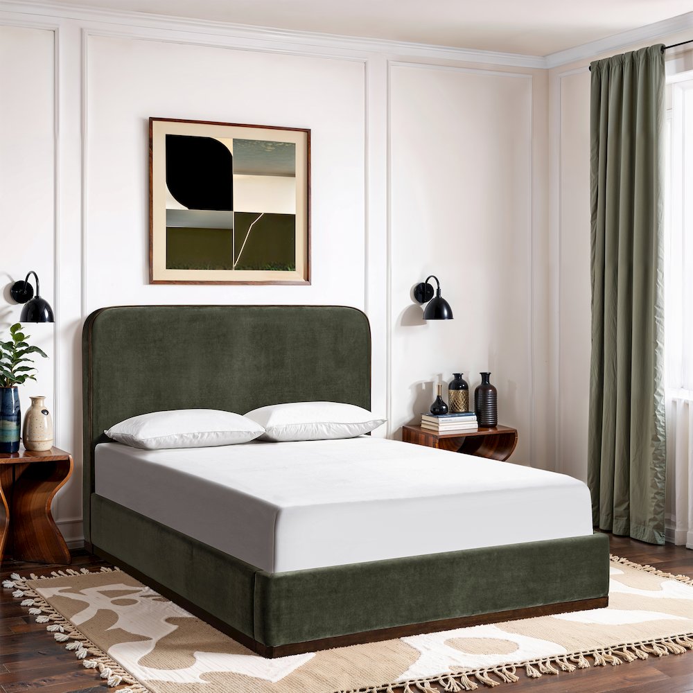 Rava Green / Brown Velvet Upholstered King Bed