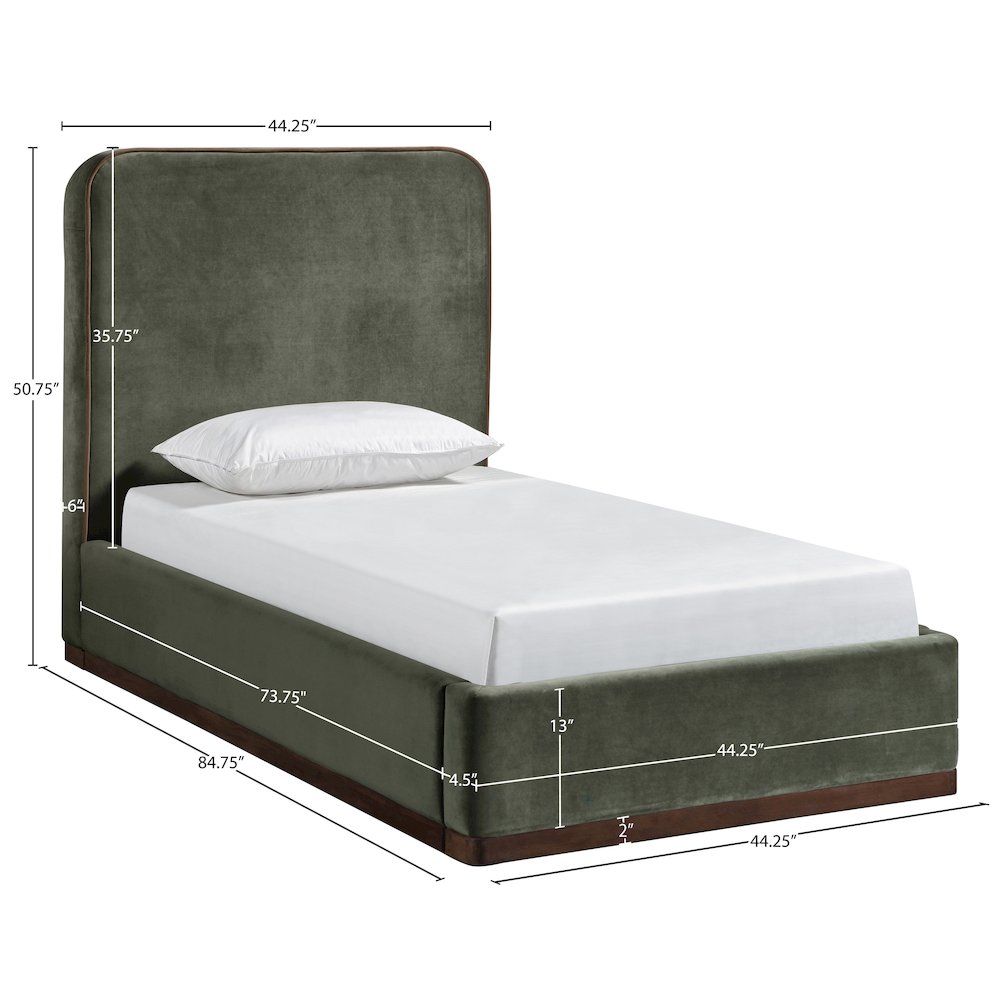 Rava Green / Brown Velvet Upholstered Twin Bed