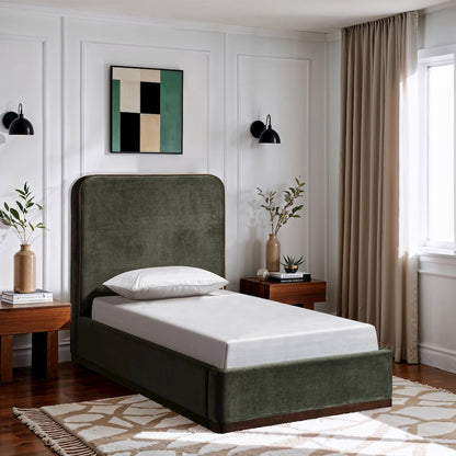 Rava Green / Brown Velvet Upholstered Twin Bed