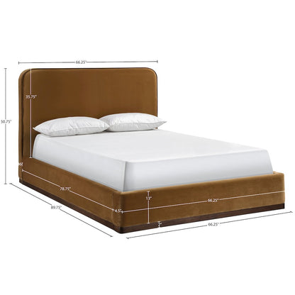 Rava Saddle / Brown Velvet Upholstered Queen Bed