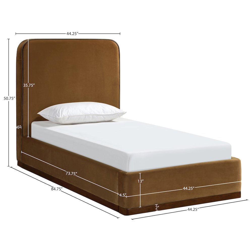 Rava Saddle / Brown Velvet Upholstered Twin Bed