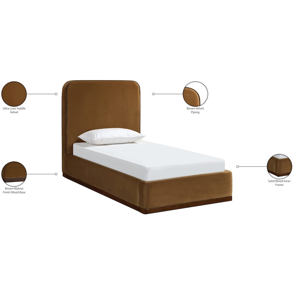 Rava Saddle / Brown Velvet Upholstered Twin Bed