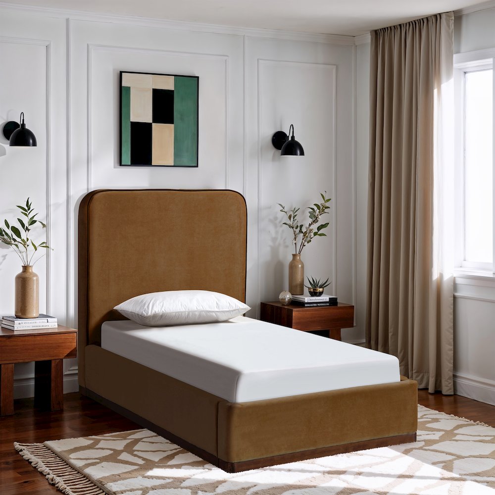 Rava Saddle / Brown Velvet Upholstered Twin Bed