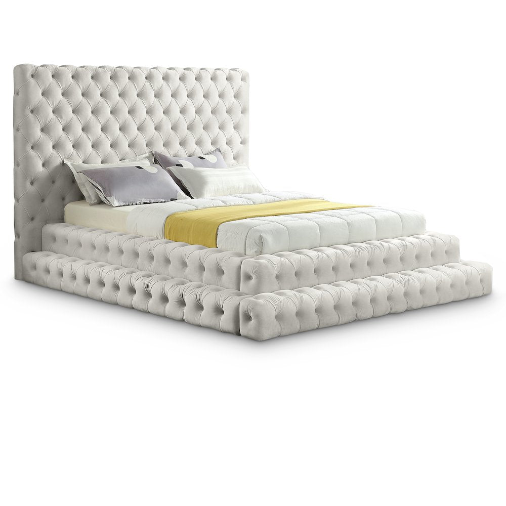 Fully Upholstered Tufted Velvet Queen Platform Bed with Headboard, Cream Velvet