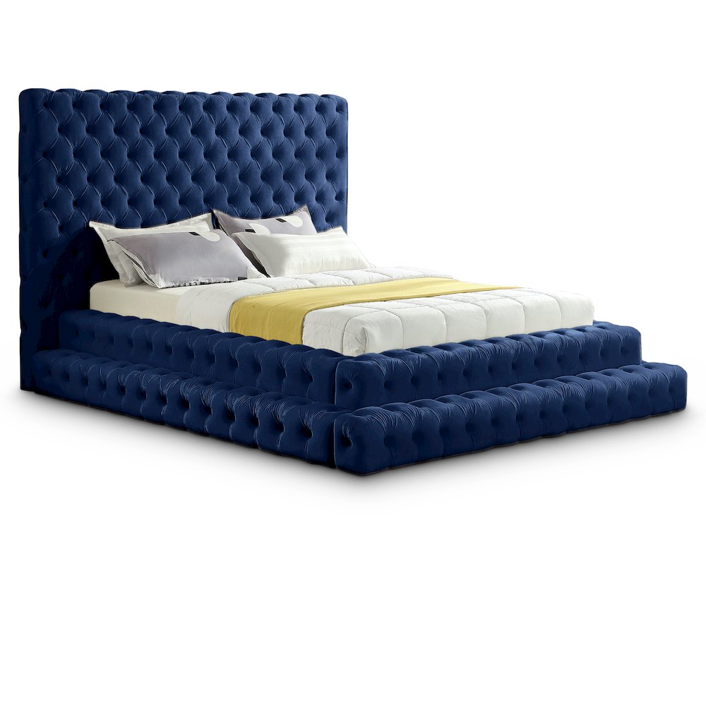 Fully Upholstered Tufted Velvet Queen Platform Bed with Headboard, Navy Velvet