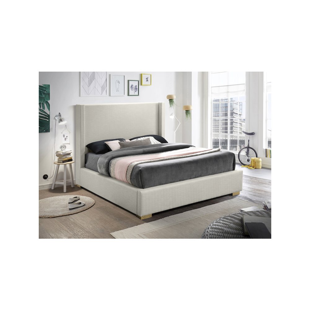 Royce Beige Linen Textured Fabric King Bed