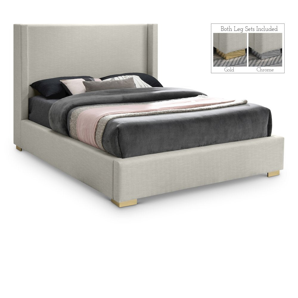 Royce Beige Linen Textured Fabric Queen Bed