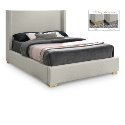 Royce Beige Linen Textured Fabric Queen Bed