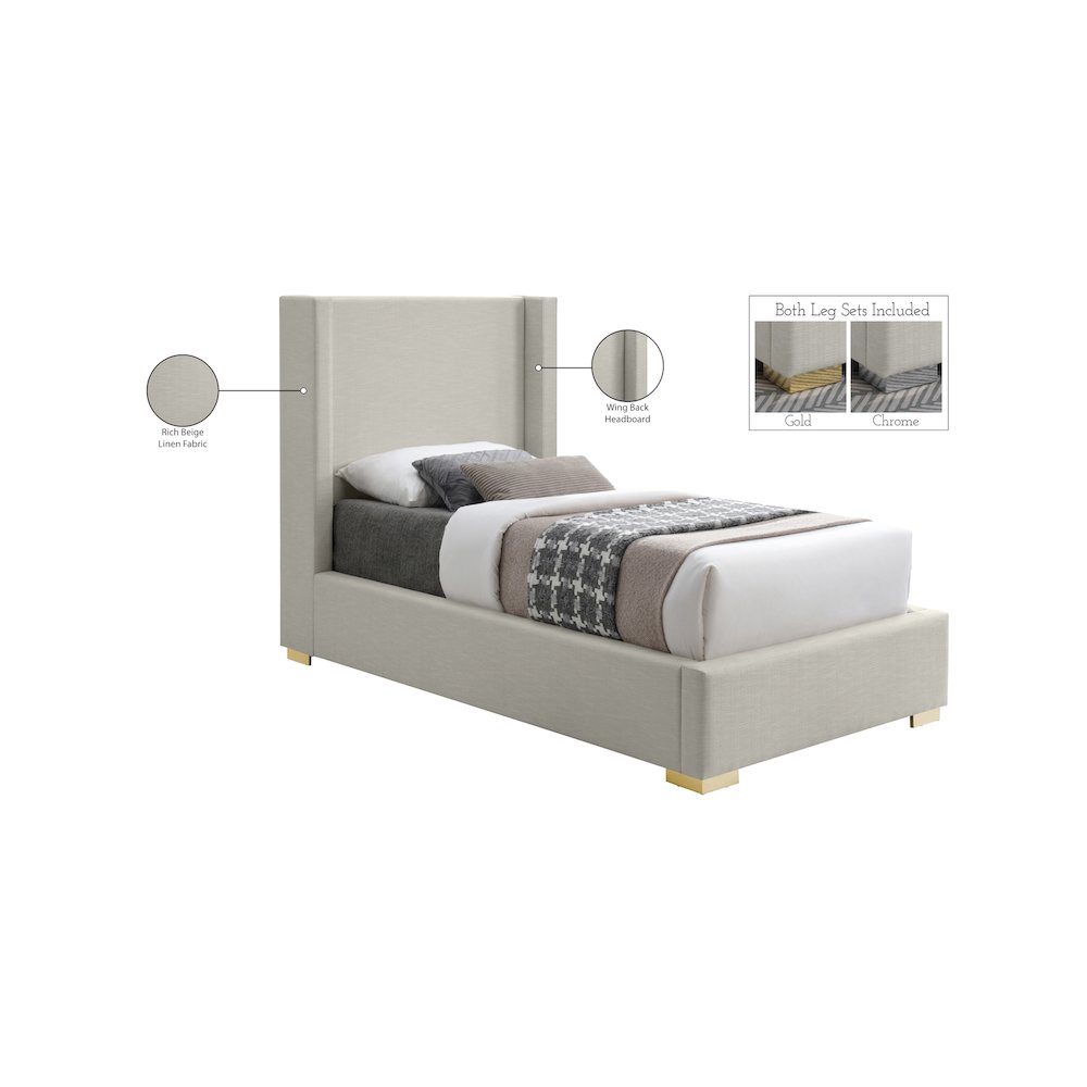 Royce Beige Linen Textured Fabric Twin Bed
