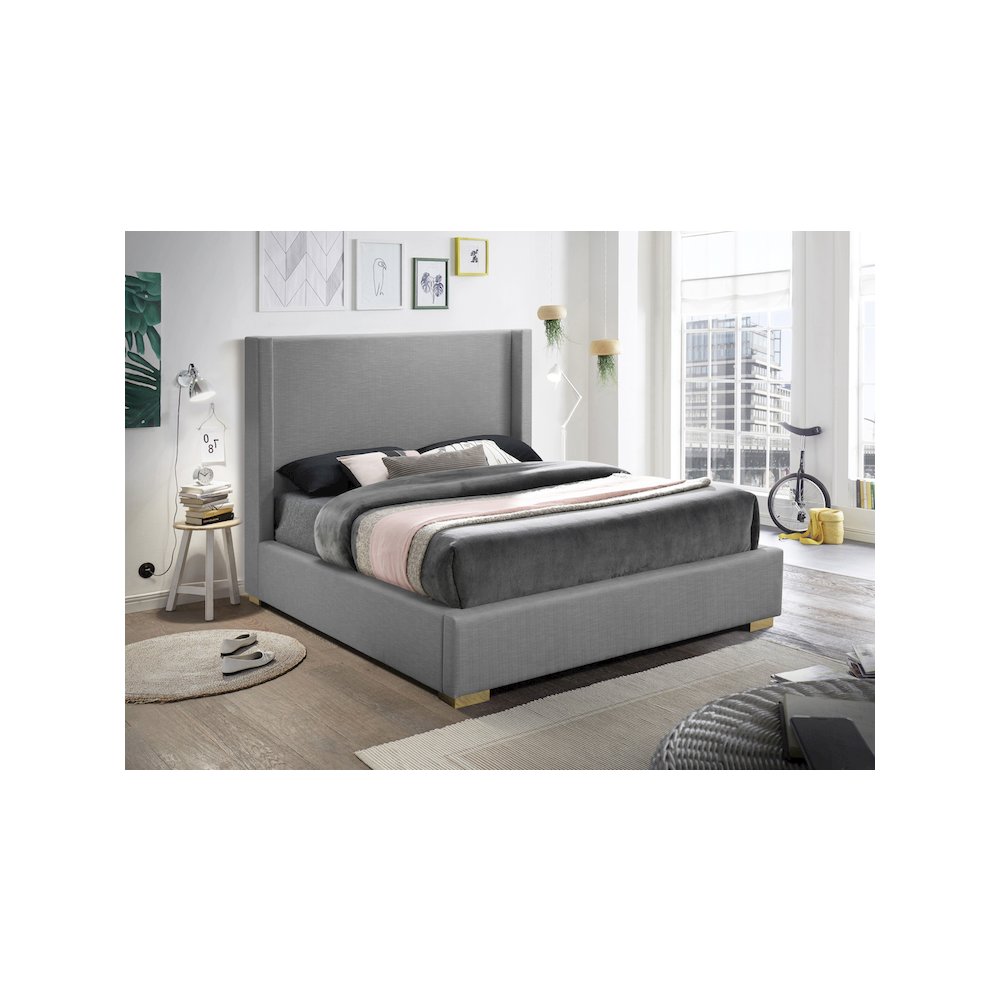 Royce Grey Linen Textured Fabric King Bed
