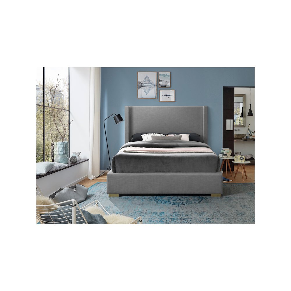 Royce Grey Linen Textured Fabric King Bed