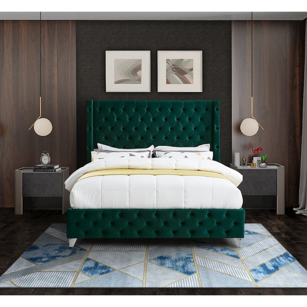 Savan Green Velvet Queen Bed