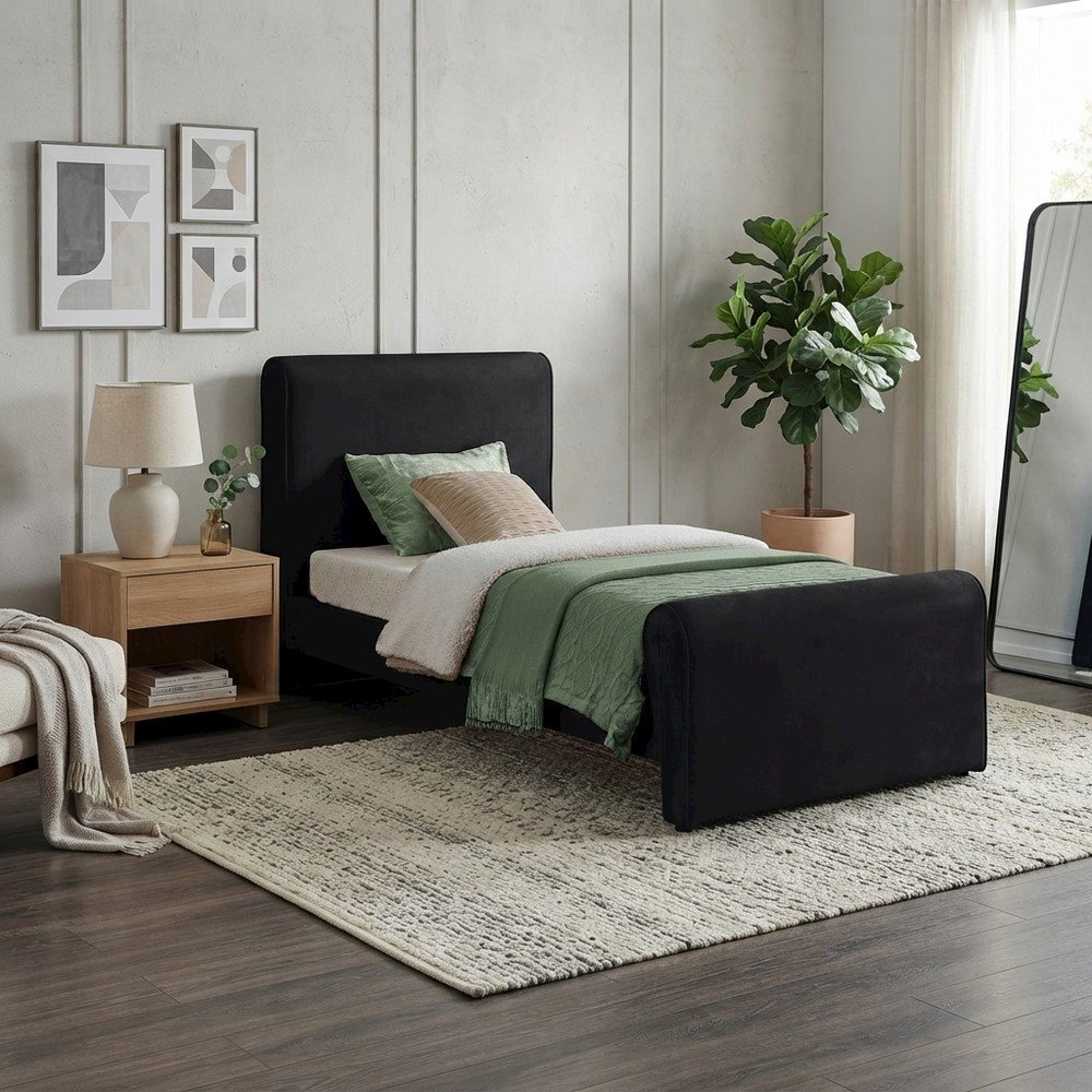 Sloan Velvet Upholstered Platform Bed with Panel Headboard, Black Velvet, Twin