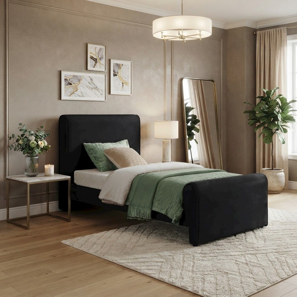 Sloan Velvet Upholstered Platform Bed with Panel Headboard, Black Velvet, Twin