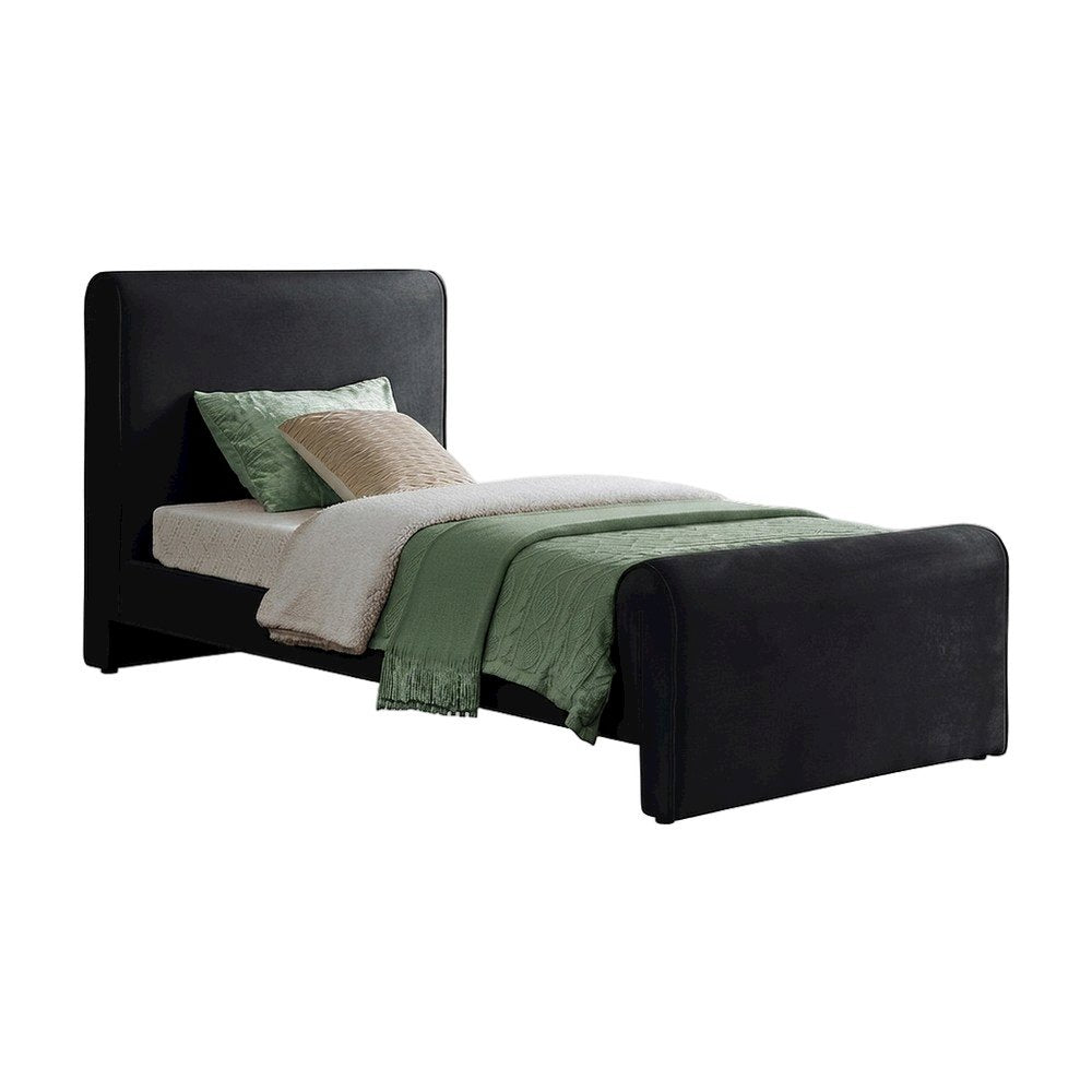 Sloan Velvet Upholstered Platform Bed with Panel Headboard, Black Velvet, Twin