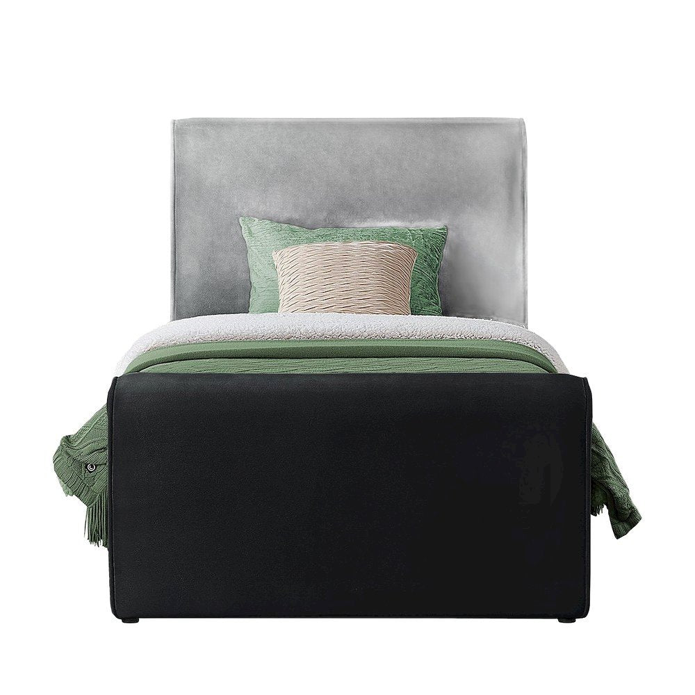 Sloan Velvet Upholstered Platform Bed with Panel Headboard, Black Velvet, Twin